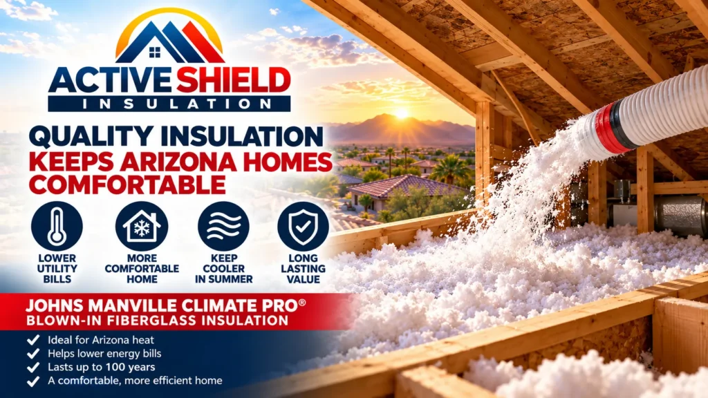 Blown-in fiberglass insulation covering an Arizona home's attic floor