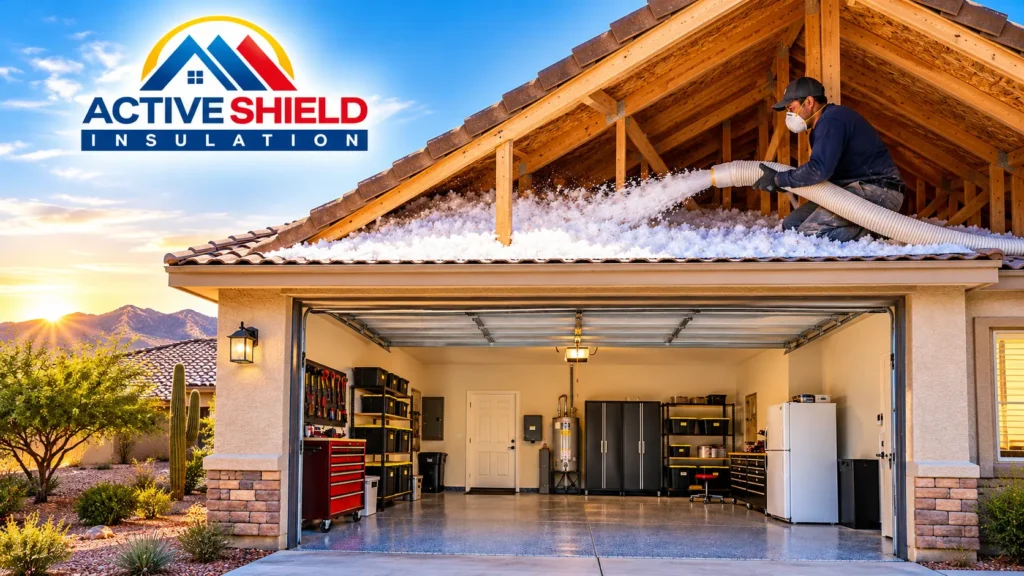 Blown-in fiberglass insulation installed above a residential garage ceiling in Arizona