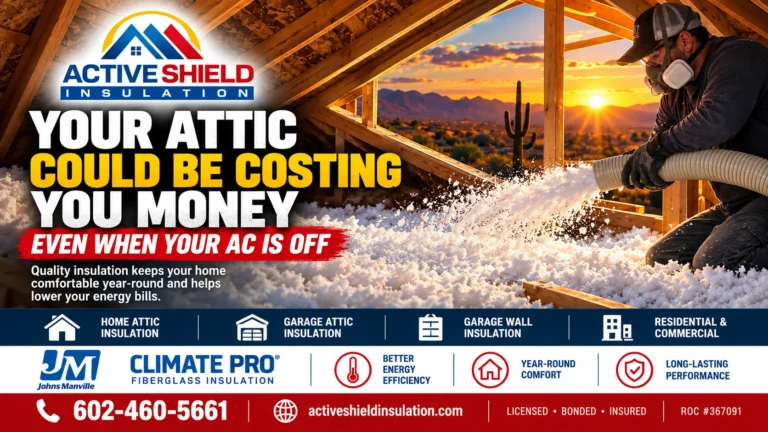 Blown-in fiberglass insulation covering the attic floor of an Arizona home