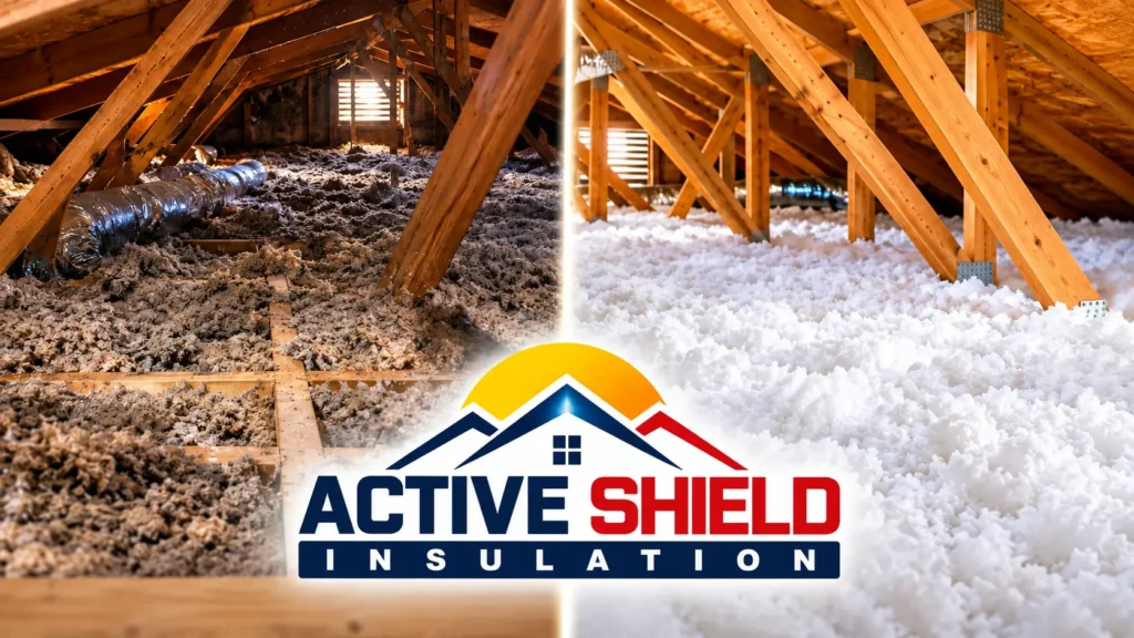 Old attic insulation in an Arizona home showing uneven coverage and areas needing inspection