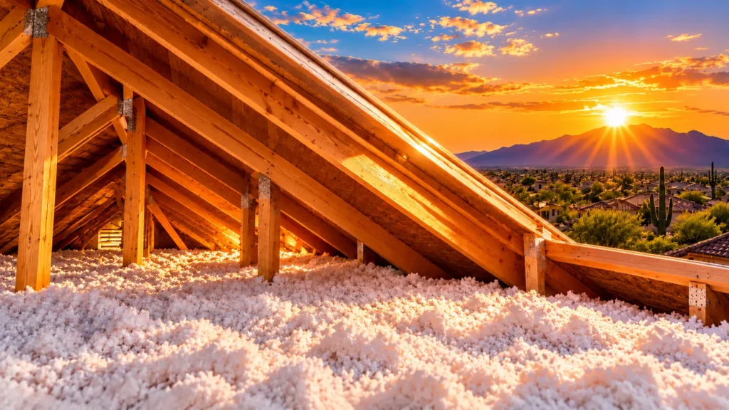 Hot Arizona attic with insulation protecting the home from heat