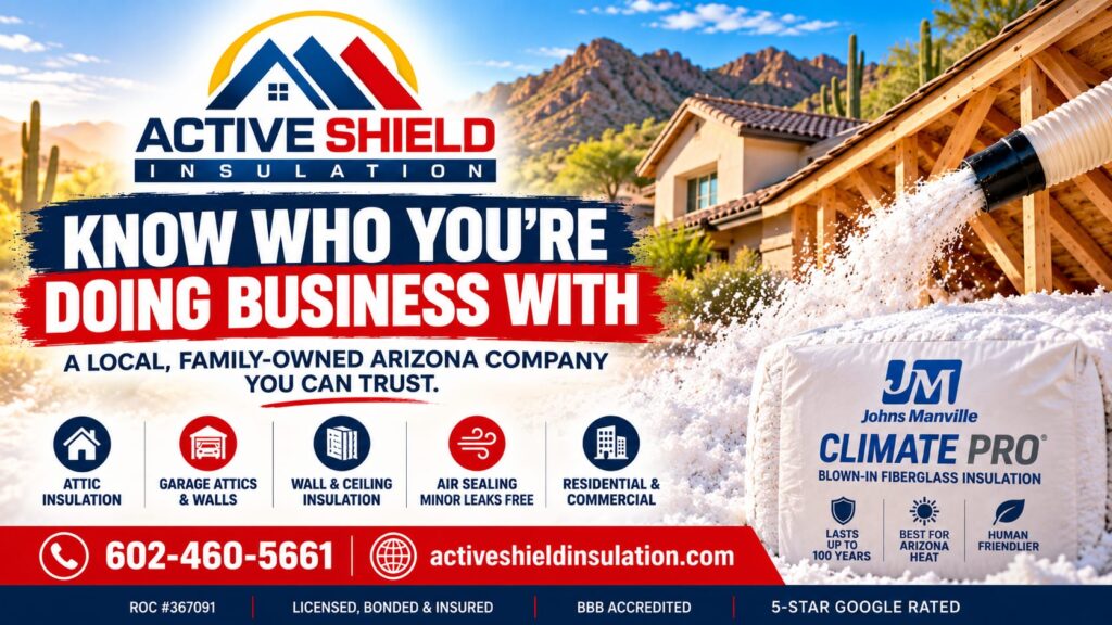 Professional insulation contractor inspecting attic insulation in an Arizona home
